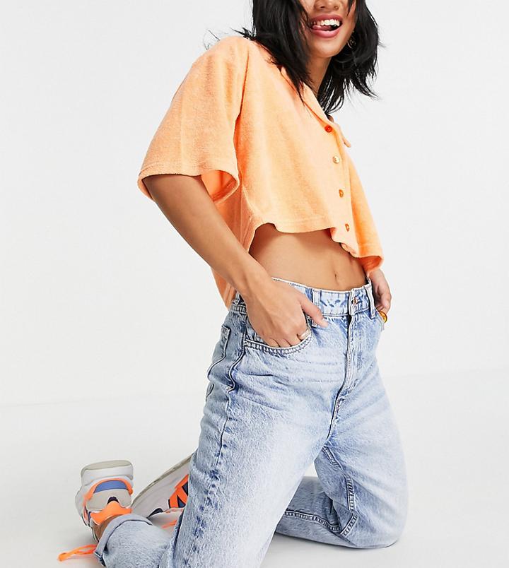 Bershka Petite Cotton Mom Jean In Light Blue-blues