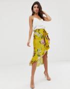 Asos Design Satin Midi Skirt With Waterfall Front In Yellow Floral Print - Multi
