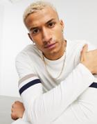 Asos Design Organic Long Sleeve T-shirt With Sleeve Stripe In Beige-white