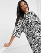 Asos Design Oversized T-shirt Dress In Black And White Mix Animal Print-multi
