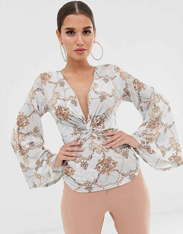 Koco & K Soft Touch Plunge Front Batwing Sleeve Top In Mint Baroque-green