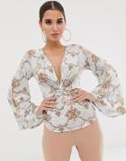 Koco & K Soft Touch Plunge Front Batwing Sleeve Top In Mint Baroque-green