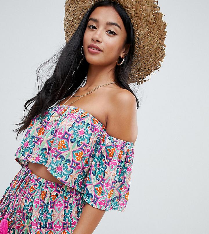 Asos Design Petite Frill Beach Two-piece Top In Mosaic Tile - Multi
