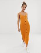 Asos Design Button Through Knitted Midi Dress In Natural Look Yarn - Orange