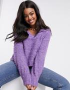 Pieces Fluffy Sweater With V Neck In Purple