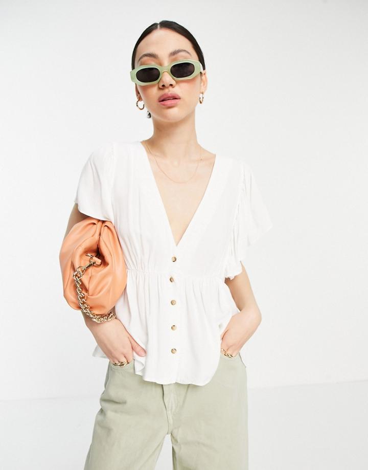 Asos Design Flutter Sleeve Button Through Top With Elastic Waist In Ivory-white