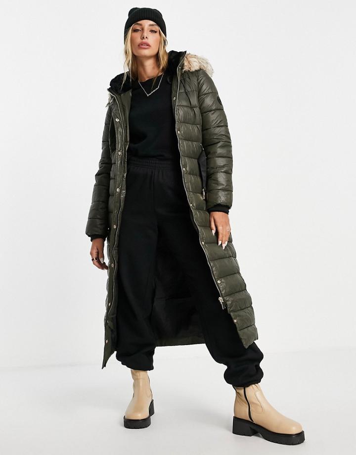 River Island Longline Padded Jacket With Faux Fur Hood In Khaki-green