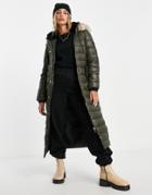 River Island Longline Padded Jacket With Faux Fur Hood In Khaki-green