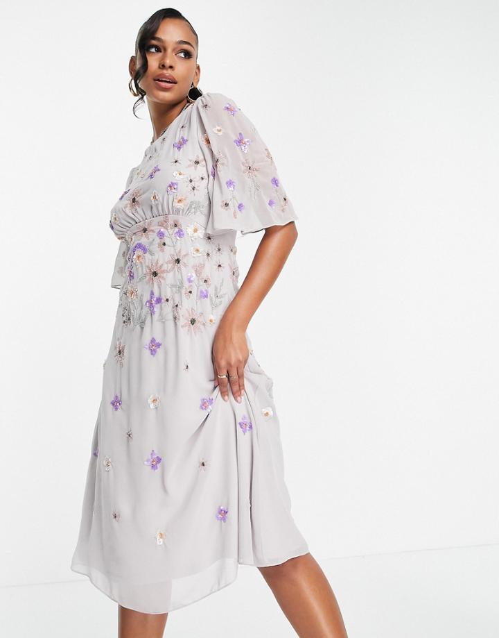 Frock And Frill Bridesmaid Midi Dress With Floral Embellished Detail In Lilac-pink