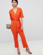 Asos Design Wrap Jumpsuit With Self Belt - Orange