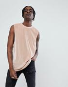 Asos Longline Sleeveless T-shirt In Beige Velour With Curve Hem - Beige