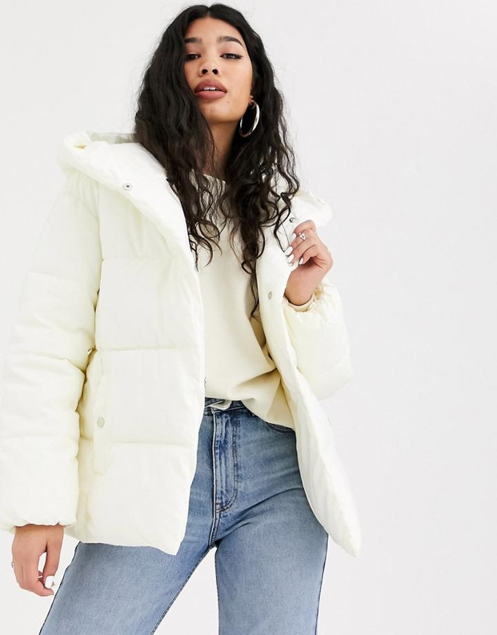 Bershka Tie Waist Puffer Coat With Hood In White