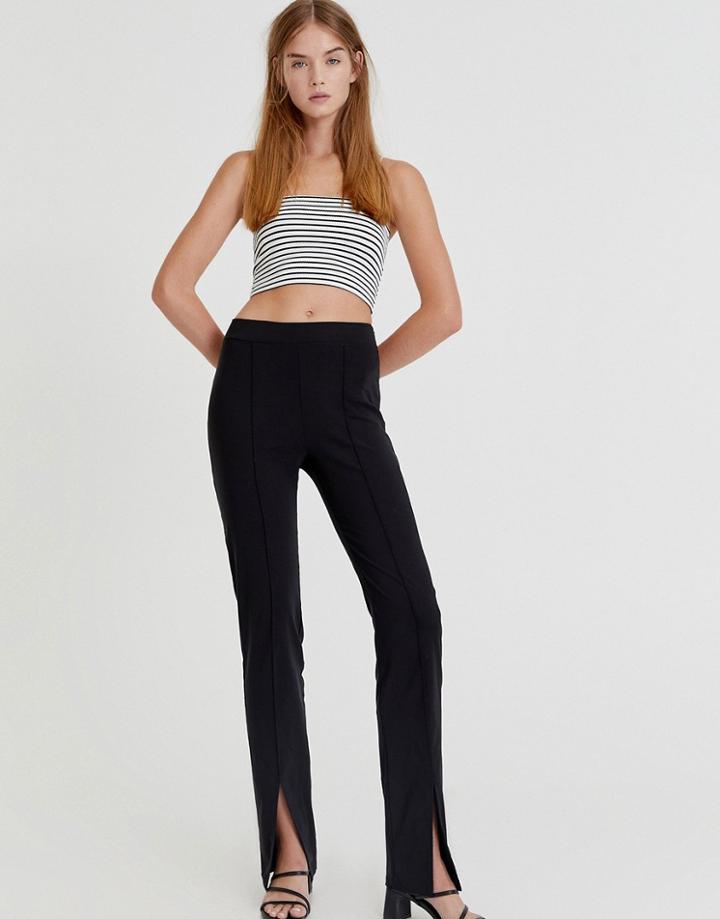 Pull & Bear Tailored Pants With Split Hem In Black