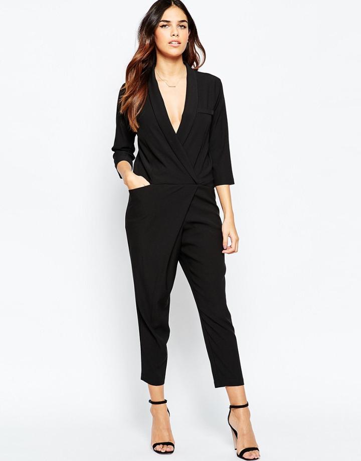 Asos Tuxedo Jumpsuit With Wrap Front And Long Sleeves - Black