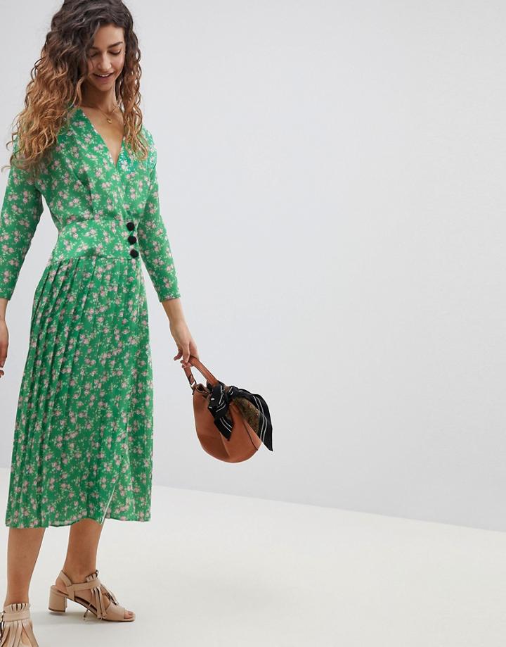 Asos Pleated Maxi Dress With Side Buttons In Floral - Multi