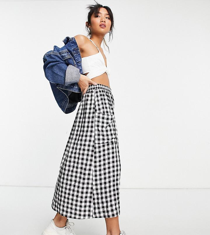 Asos Design Petite Midi Skirt With Pocket Detail In Textured Mono Gingham Print-multi