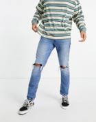 Asos Design Slim Jeans In Vintage Mid Wash Blue With Knee Tears-blues