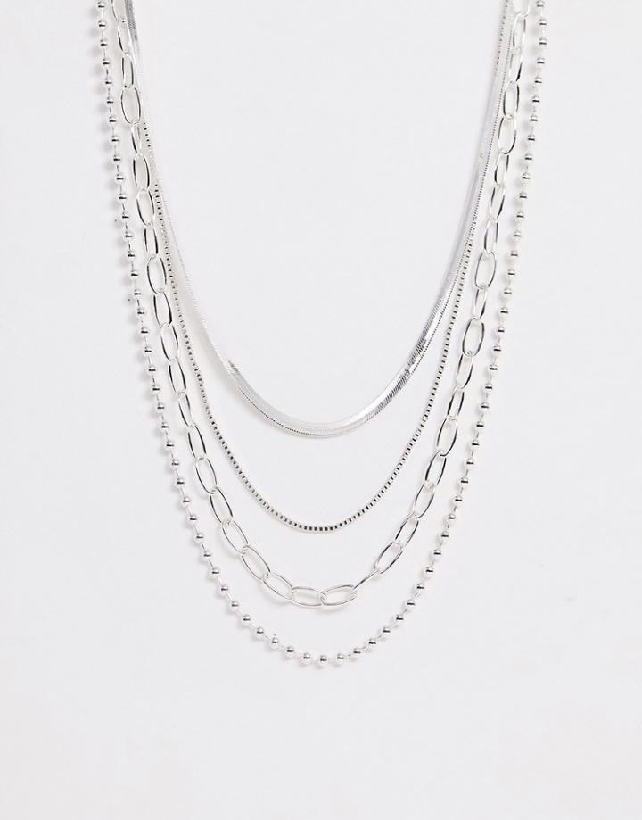 Asos Design Multirow Necklace With Flat Snake And Ball Chain In Silver Tone - Silver