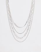 Asos Design Multirow Necklace With Flat Snake And Ball Chain In Silver Tone - Silver
