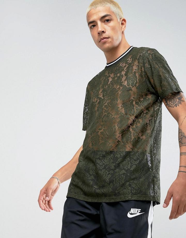 Asos Longline T-shirt In Lace With Monochrome Tipping - Green