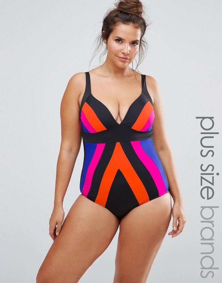 City Chic Curve Stripe Swimsuit - Multi