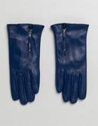 Barneys Real Leather Gloves With Zip Detail - Navy