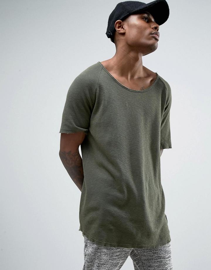 Criminal Damage Waffle Knitted Relaxed Fit T-shirt In Olive - Green