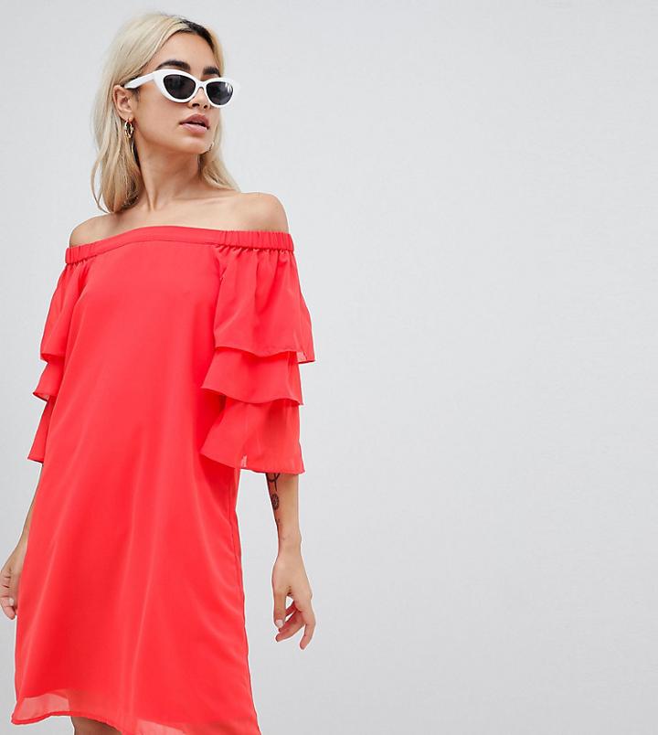 Vero Moda Petite Off Shoulder Mini Dress With Tiered Sleeve In Red