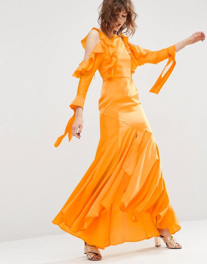 Asos Cold Shoulder Long Sleeve Ruffle Maxi Dress - Orange