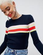 Asos Design Sweater In Rib With Stripe - Navy
