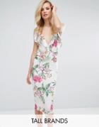 Oh My Love Tall Midi Dress With Frill Detail In Floral Print - White