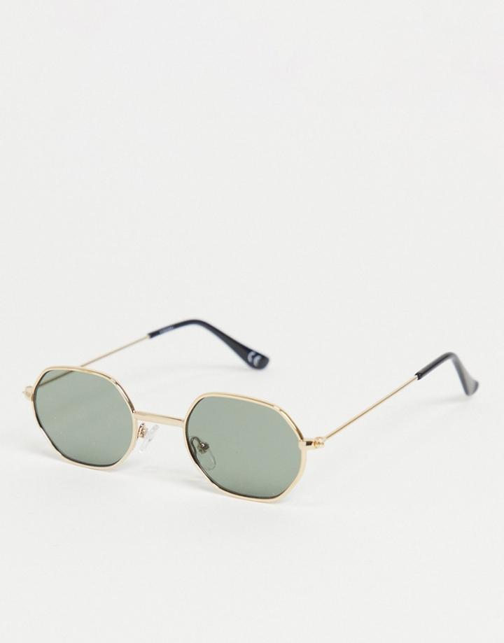 Asos Design Mini Angled Sunglasses In Gold With Dark Green Lens