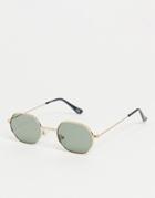 Asos Design Mini Angled Sunglasses In Gold With Dark Green Lens