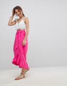Asos Design Cotton Midi Skirt With Tie Belt And Ruffle Hem - Pink