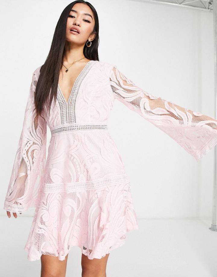 Love Triangle Lace Mini Dress With Flare Sleeve In Rose-pink