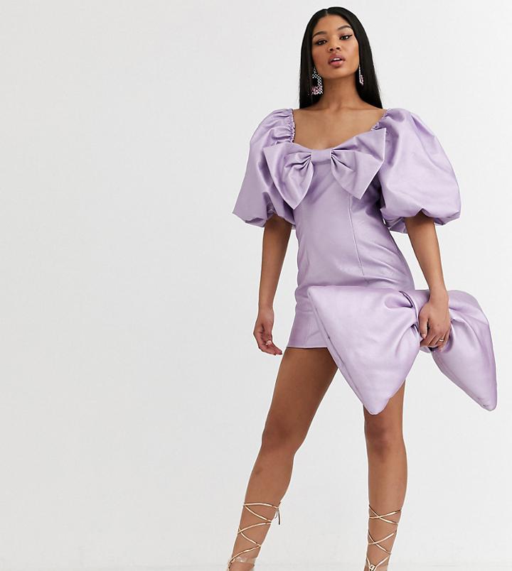 Asos Design X Christian Cowan Puff Sleeve Bow Mini Dress-purple