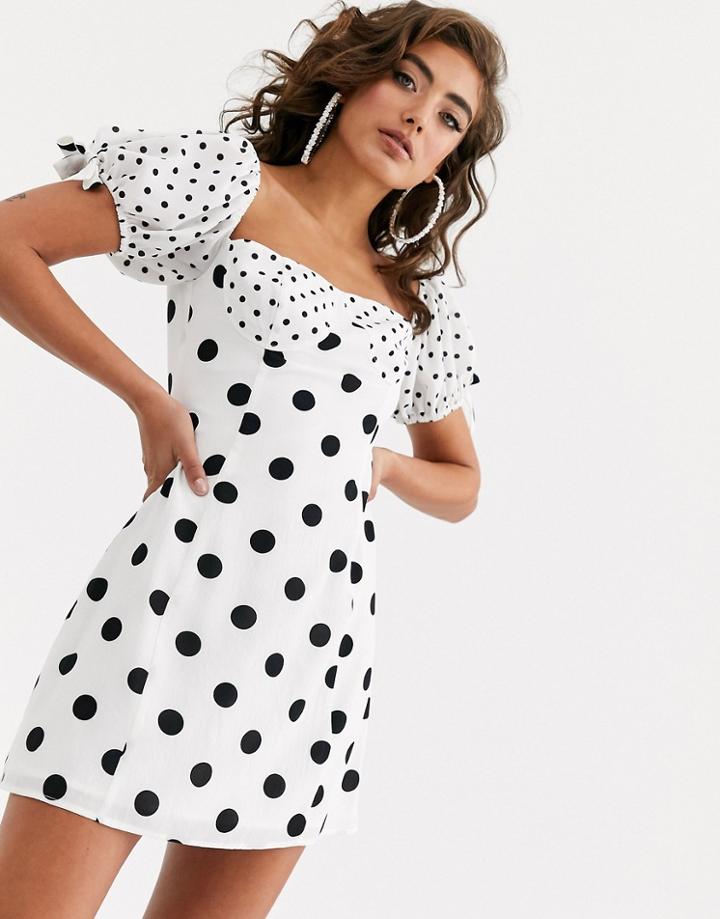 Pretty Lavish Milk Maid Mini Dress In Mixed Polka Dot - White