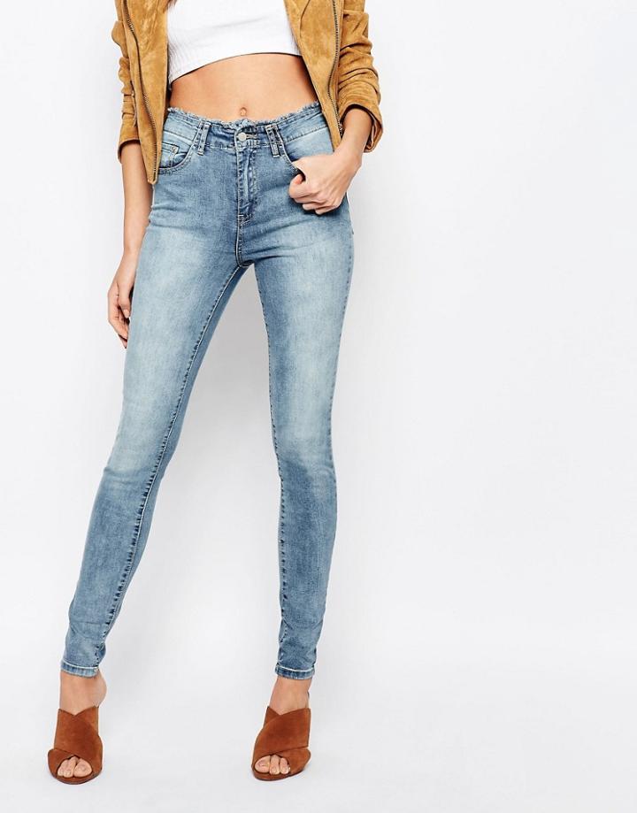 Vila High Waisted Raw Hem Skinny Jeans - Medium Blue Denim