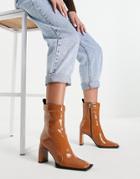 Asos Design Enchant High-heeled Padded Boots In Tan Patent-brown