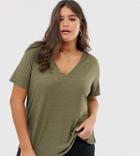 Asos Design Curve T-shirt In Longline Slubby Rib In Khaki - Green