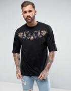 Asos Oversized T-shirt With Yoke Embroidery - Black