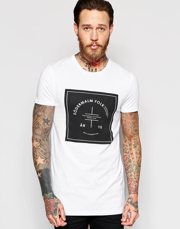 Asos Longline Muscle T-shirt With Scandi Print In White - White