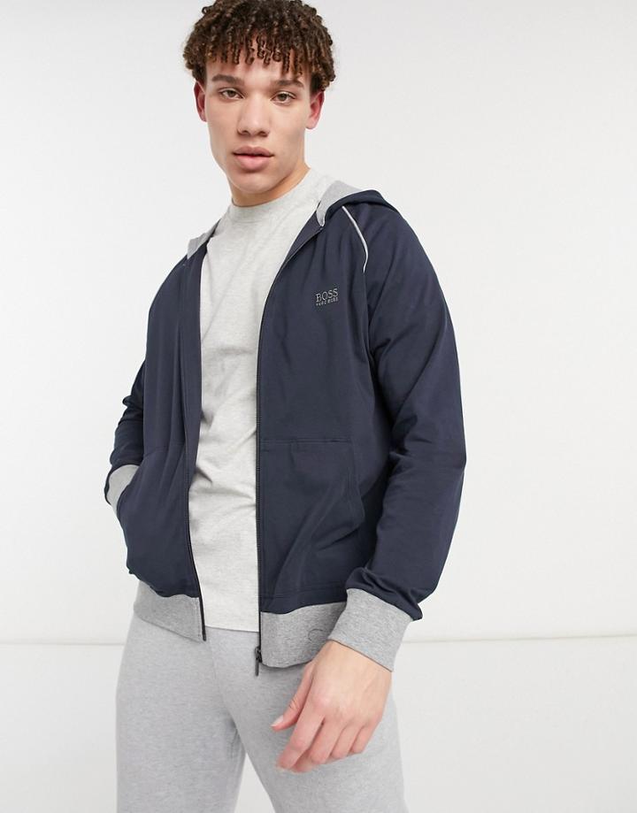 Boss Bodywear Zip Through Hoodie With Silver Logo Embroidery In Navy