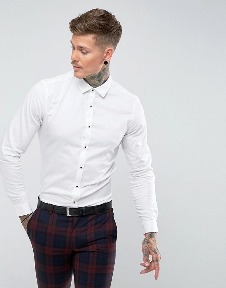 Asos Slim Fit Shirt In Satieen With Stud Buttons - White