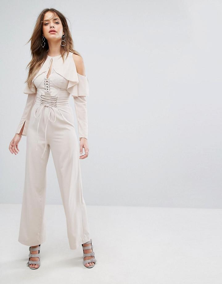 Lavish Alice Nude Lace Up Wide Leg Pants - Pink
