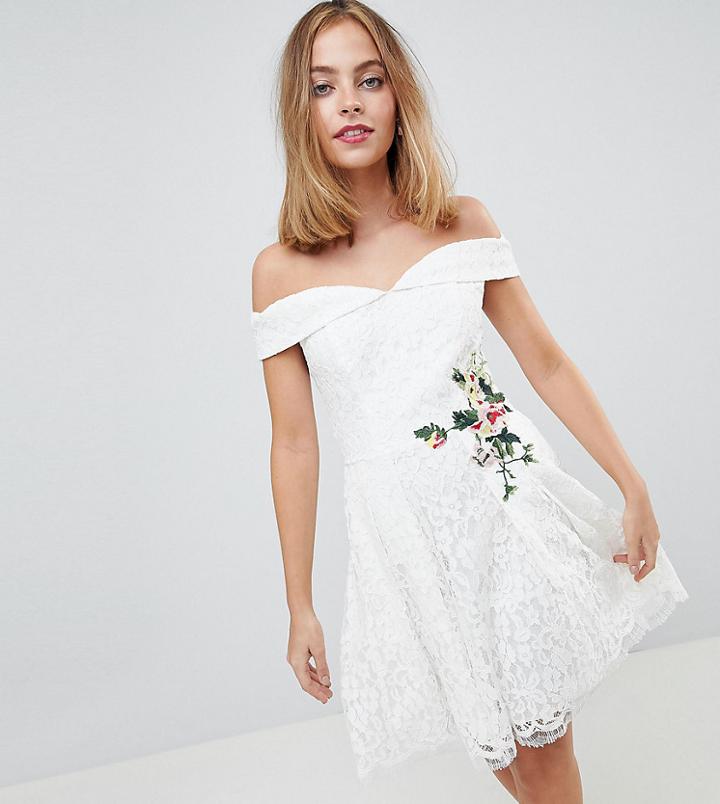 Little Mistress Petite Lace Mini Bardot Dress With Floral Embroidery - Cream