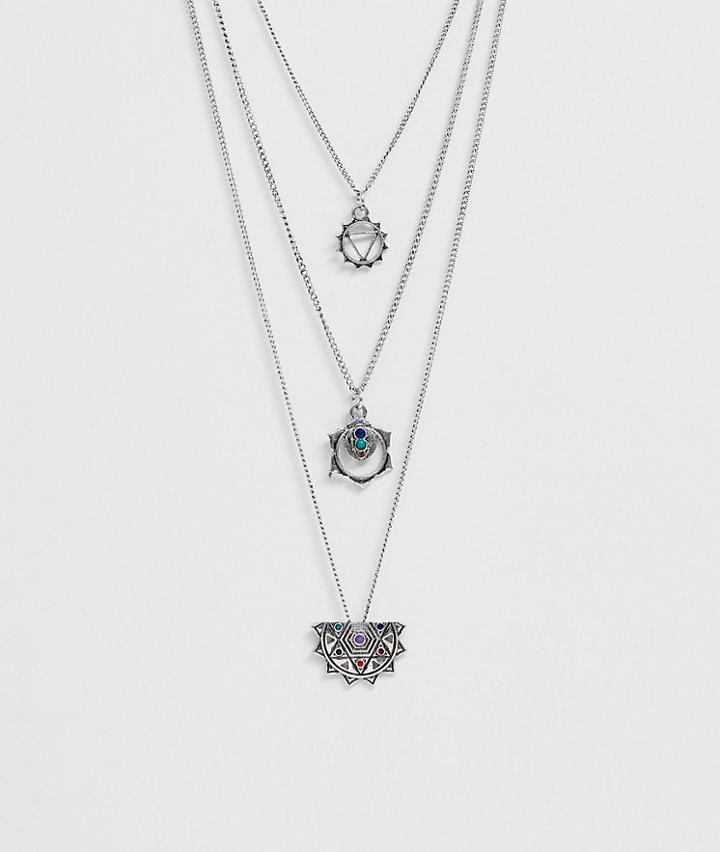 Asos Design Layered Necklace Pack With Stone Interest In Burnished Silver - Silver