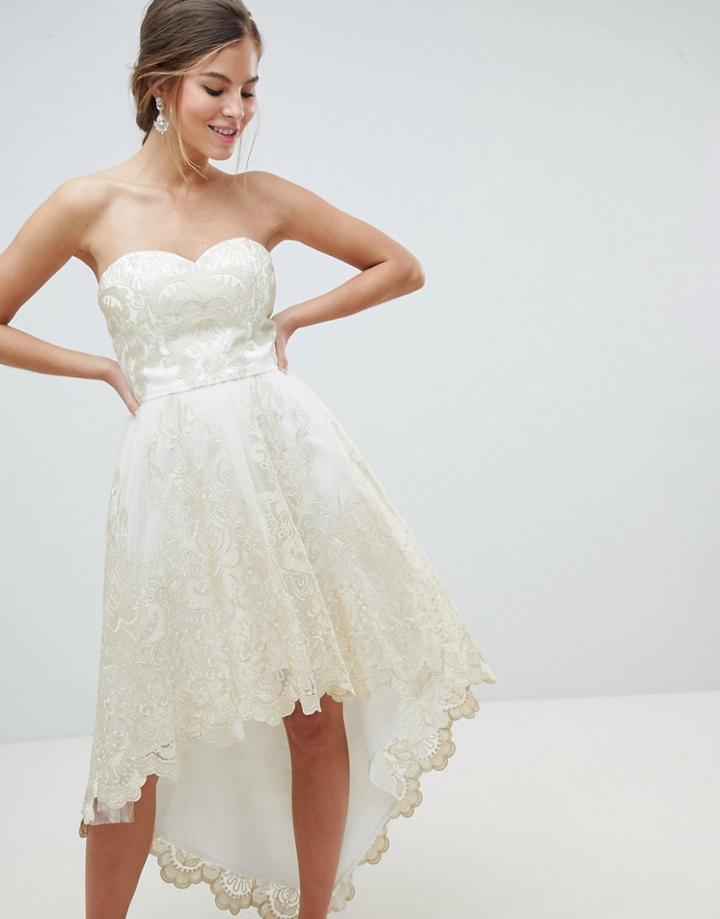 Chi Chi London Premium Lace Bardot Prom Dress With Extreme High Low Hem - Cream
