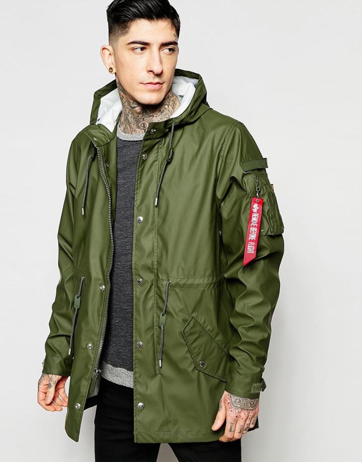 Alpha Industries Rubber Parka In Green - Dark Olive