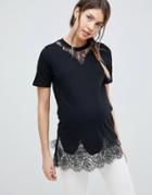 Asos Design Maternity Lace Mix Longline T-shirt In Black - Black